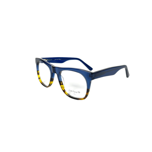 A pair of round full frame eyeglasses with blue and tortoise colored acetate frames.