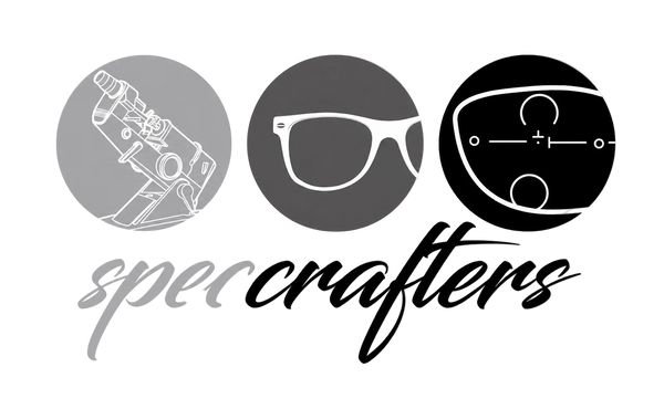 A black and white graphic logo featuring three circular icons at the top and the word 'speccrafters' in a stylized script below. The left icon is light gray with a line drawing of a telescope, the middle icon is dark gray with white-framed glasses, and the right icon is black with a line drawing of an optical lens