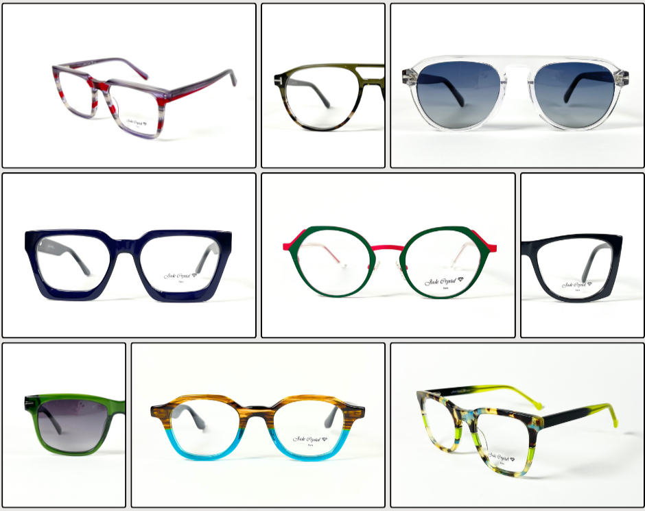 Grid of various eyeglass frames on a white background
