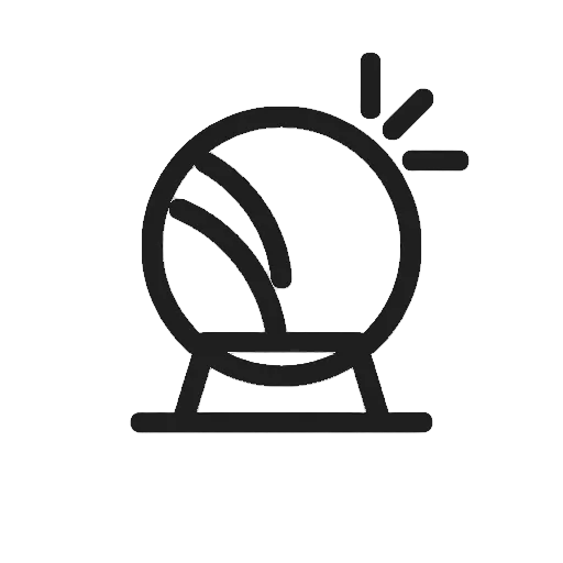 A minimalist black line icon of a optical lensl on a pedestal with three short rays above, shown on a plain white background.
